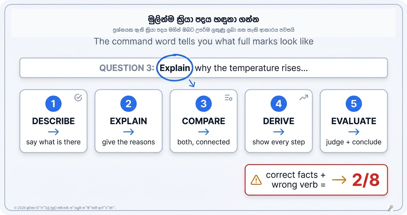 විස්තර කරන්න, පැහැදිලි කරන්න, ඇගයීමට ලක් කරන්න: එක වචනයක් ලියන්න කලින් ප්‍රශ්නයේ ඇති ක්‍රියා පදය කියවන්න