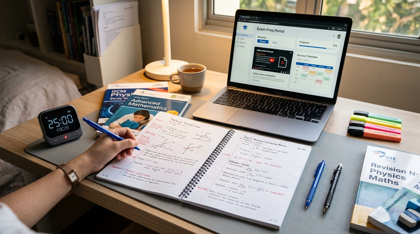 Focused Study Desk: Official Textbooks, Handwritten Dual-Column Notes & Pomodoro Timer