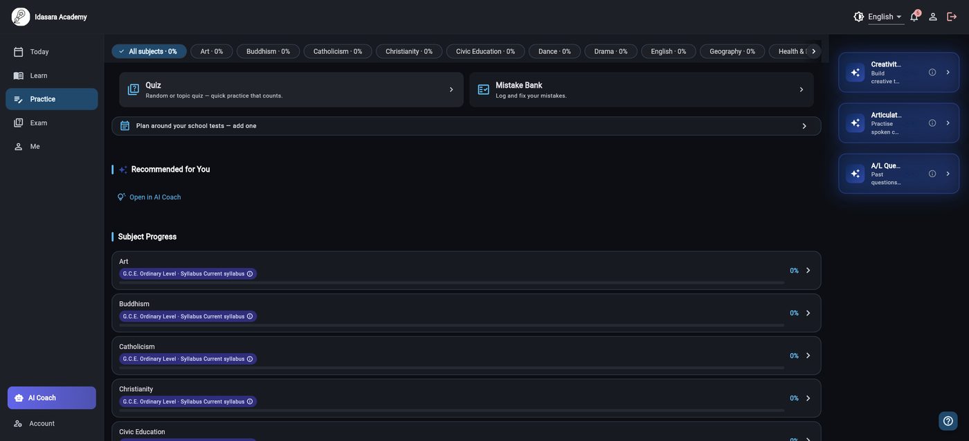 Idasara Academy Practice tab showing the Mistake Bank entry point