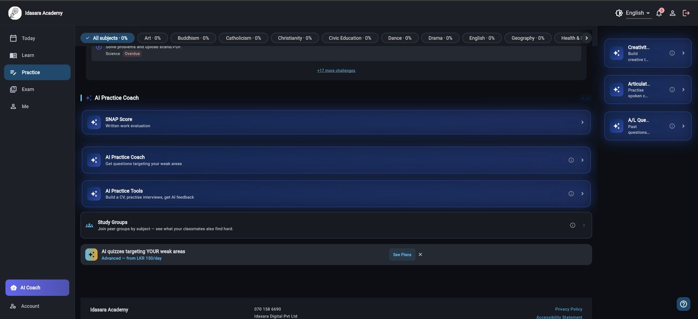 Idasara Academy AI Practice Coach targeting a student's weak topics