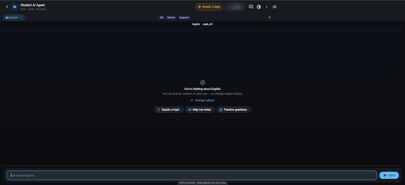Idasara Academy Student AI Agent chat home screen with quick-start prompts