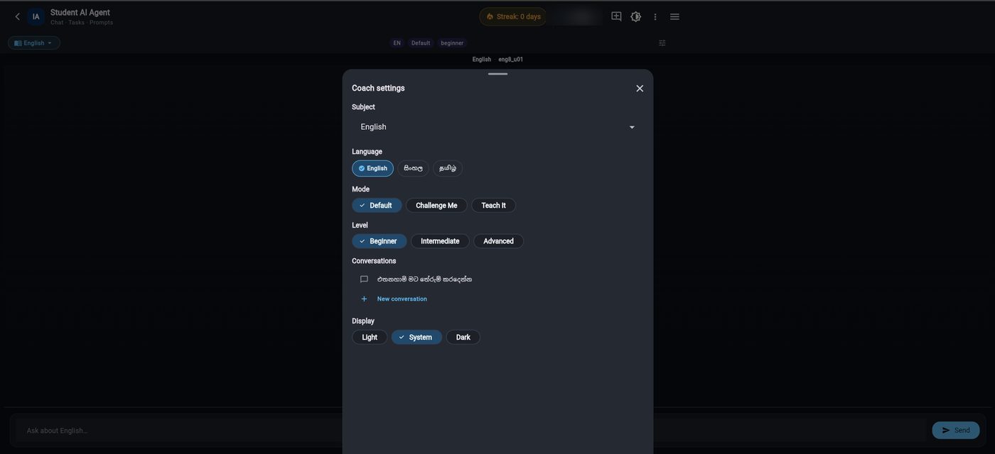 Idasara Academy AI Agent Coach settings panel for subject, language, teaching mode, and level